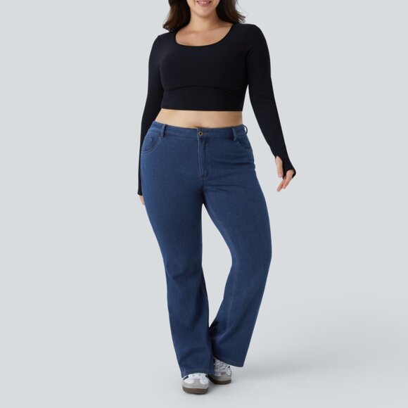 NWT HALARA 1X BLUE FLEX MIDRISE BUTTON ZIP POCKETS STRETCH KNIT FLARE JEANS - Picture 1 of 5